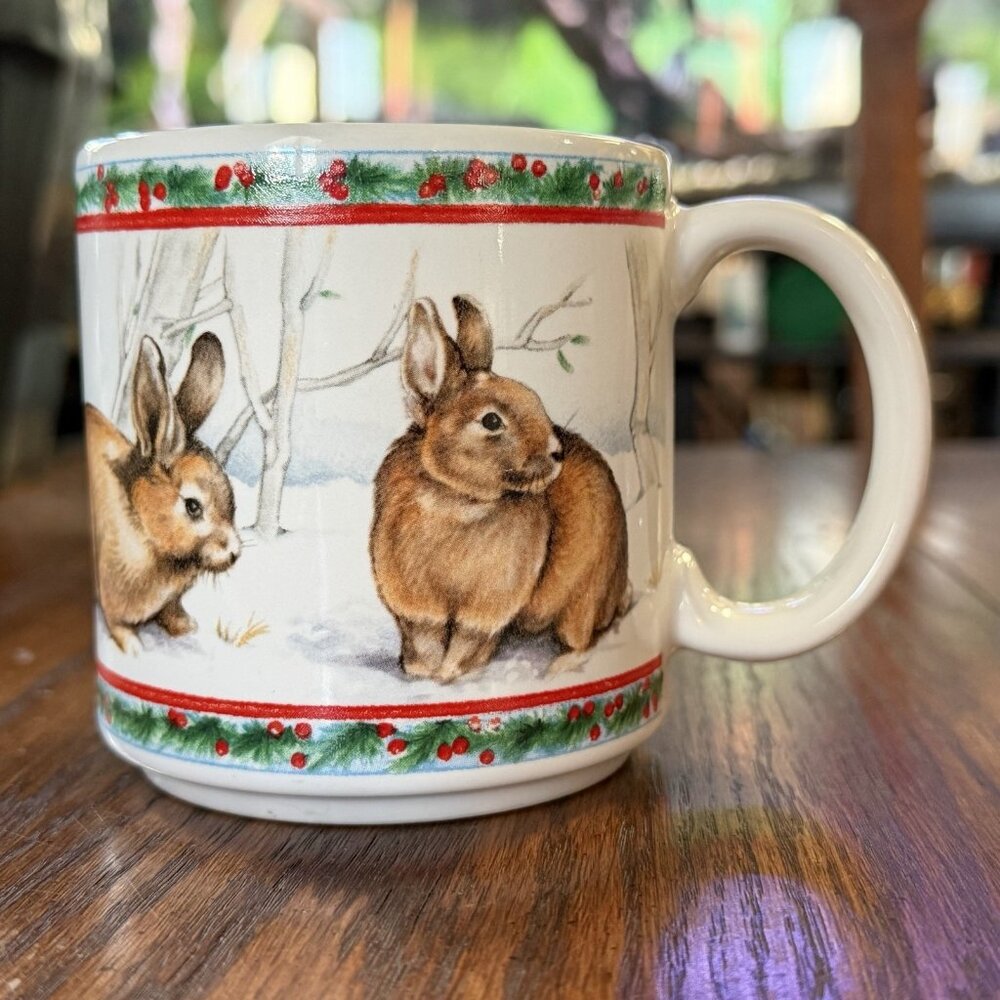 Dakin 1988 Brown Rabbits Winter Scene Easter‎ Coffee Cup Mug